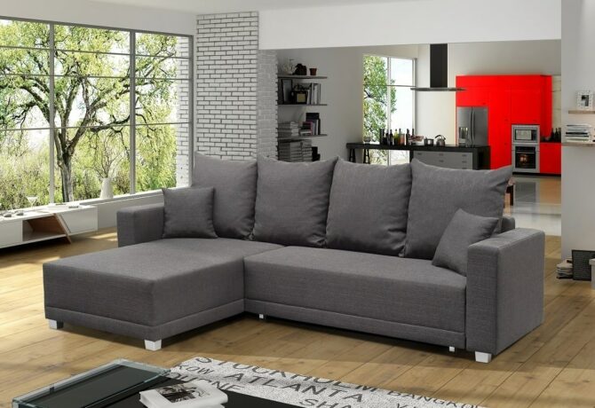 sofa cama con chaise longue larga izquierda arcon cojines barrie. tela gris oscuro